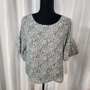 VIOLA BORGHI 100% Linen Blouse Floral Short Bell Sleeve Top WOMEN Sz Small